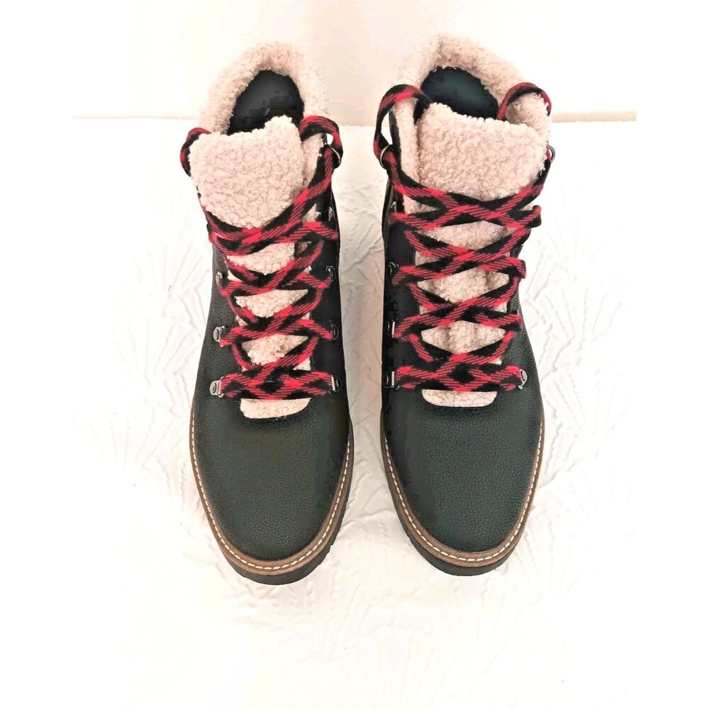 Dr. Scholl's 7M Black Lace-Up Ankle Booties Faux Fur Lined Plaid Laces Women's